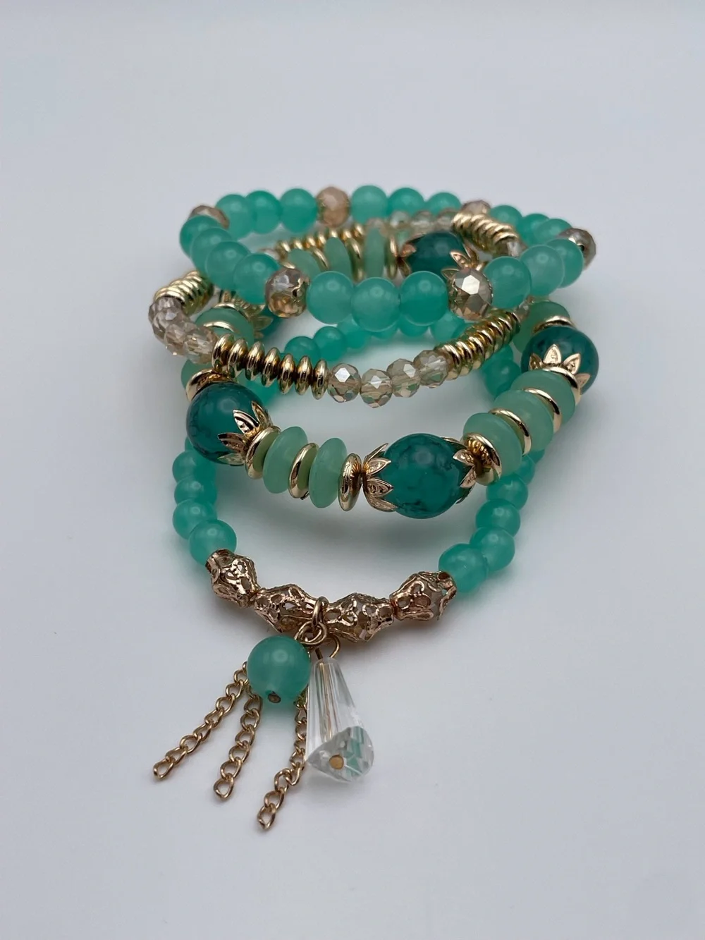 4 Piece Tassel Charm Beaded Stretch Bracelet Aqua